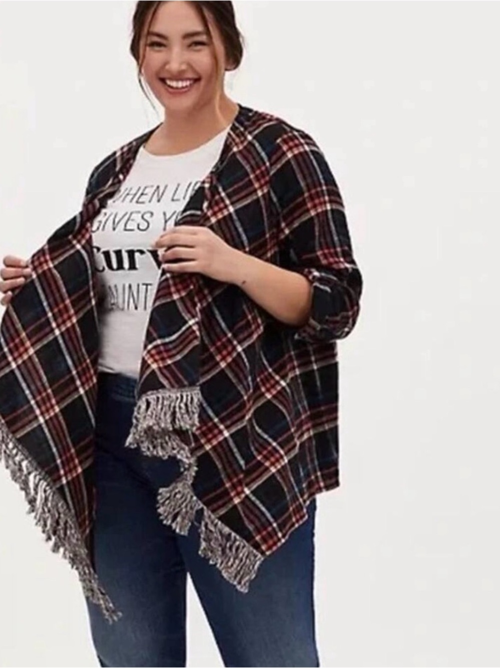 torrid Black and Red Plaid Fringe Open-Front Sweater Wrap